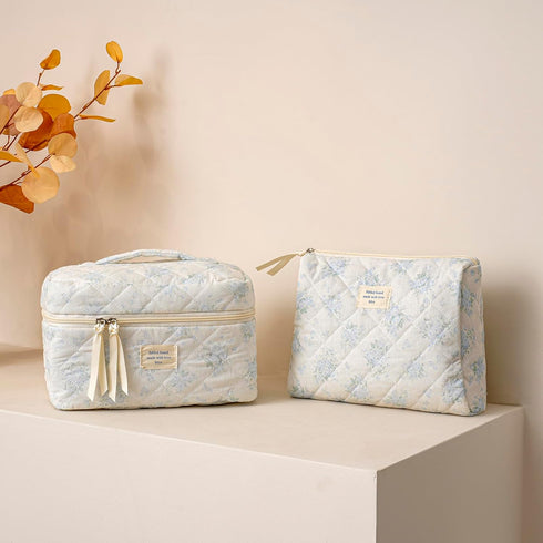 2 Pcs Large Quilted Makeup Bag, Cotton Quilted Toiletry Bag for Women,Floral Coquette Makeup Bag,Cute Kawaii Travel Cosmetic Bags(03Lightblue Flow...