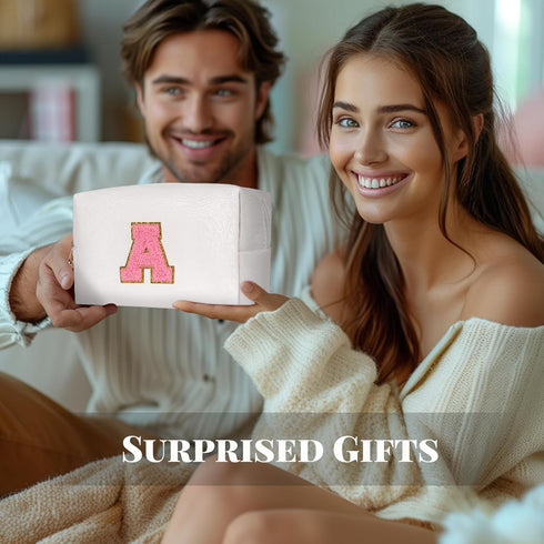 Preppy Makeup Bag, Cute Initial Cosmetic Bag Personalized Travel Makeup Pouch with Chenille Letters, Portable Waterproof PU Leather Zipper Toiletr...