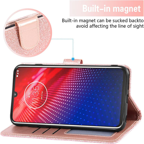 Asuwish Phone Case for Moto Z4/Moto Z 4 Play/MotoZ4 Force with Tempered Glass Screen Protector and Glitter Wallet Cover Card Holder Slot Stand Mot...