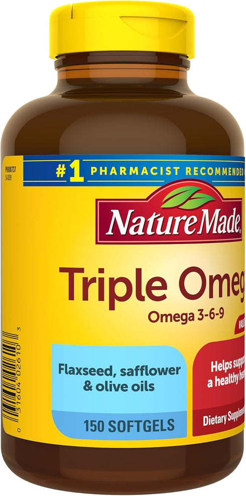 Nature Made Triple Omega 3 6 9, Flaxseed, Safflower, & Olive Oils, Healthy Heart Support, Fish Free Omega 3 Supplement, 150 Softgels, 75 Day Suppl...
