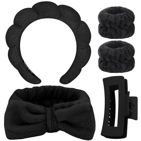 TOBATOBA Skincare Headband, Spa Headband and Wristband Set, Makeup Headband Face Wash Headband, Black Puffy Skin Care Headband Set with Hair Clip,...