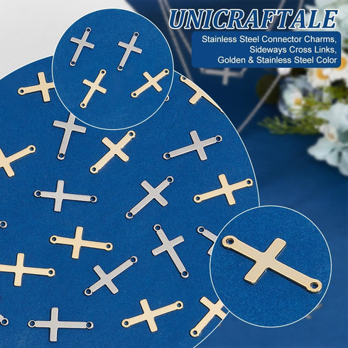 UNICRAFTALE about 60Pcs 2 Colors Stainless Steel Cross Connector Charms Links Easter Theme Crucifix Cross Charms Double Hole Sideways Cross Links ...