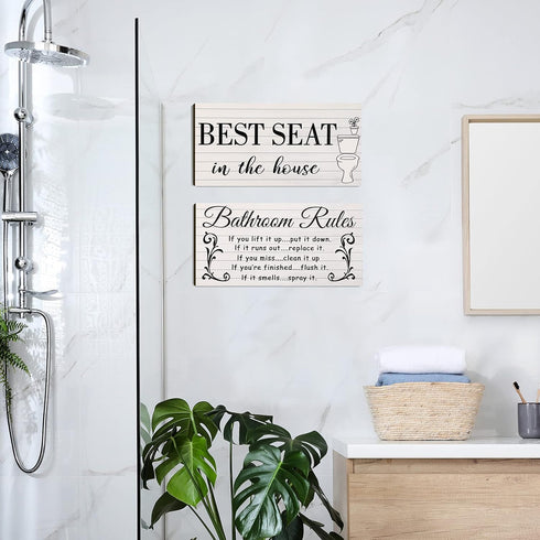 Jetec 2 Pieces Funny Bathroom Pictures Wall Sign Decor Farmhouse Bathroom Rule Wall Art Toilet Rustic Decoration Best Seat Wooden Sign(Simple Styl...