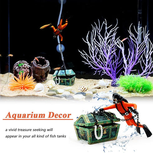 Mesee Aquarium Floating Diver Ornament, Micro Landscape Decor Undersea Treasure Chest Diver Aquarium Decoration for Home Fish Tank Arts Crafts Dec...