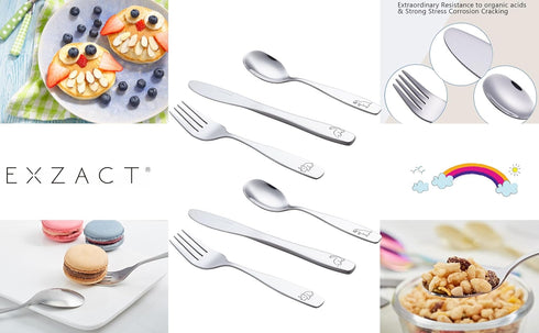 Exzact Kids Flatware 6 Pieces Stainless Steel Children Silverware 2 x Forks, 2 x Knives, 2 x Spoons,Toddler Utensils, Dishwasher Safe, 24 Months+ ...