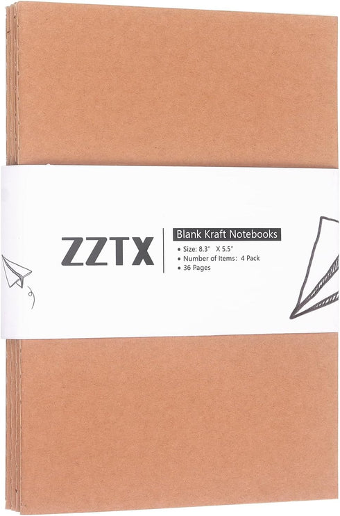 ZZTX 4 Pack Blank Kraft Notebooks, Blank Paper Sketchbooks for Drawing Doodling Writing,Travel Journal Set, A5, 36 Pages, 8.3” X 5.5”...
