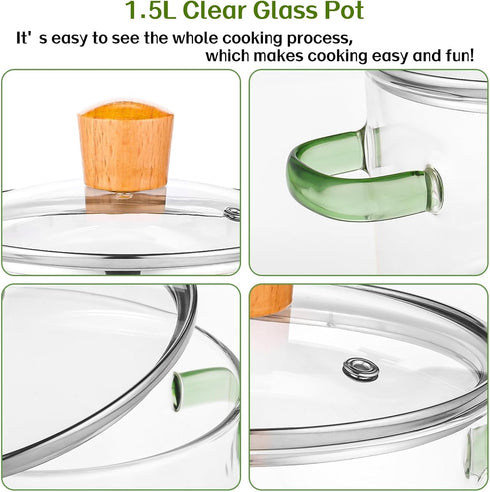 1.5L/51oz/6cups Glass Pot Glass Pots for Cooking Glass Cooking Pot Glass Simmer Pot for Stove Top Glass Simmer Pot Oven/Gas Safe (Green Handle Gla...