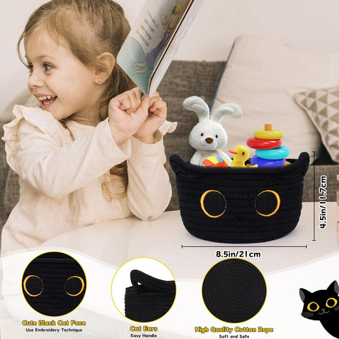 Small Storage Basket, Black Cat Cotton Rope Baskets Woven Blasket for Nursery, Blanket Basket Organizer With Ears Baby Toy Storage Basket for Gift...