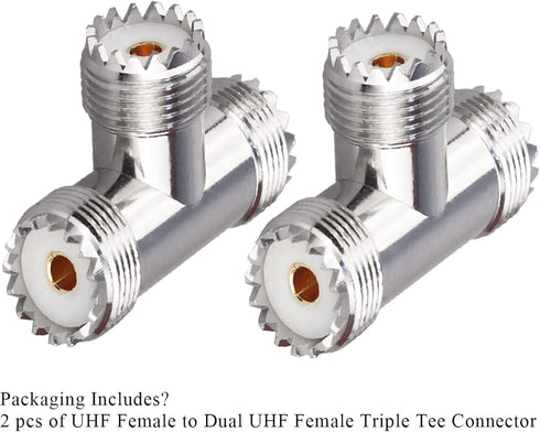 UHF Triple Tee Connector UHF Female to Dual UHF Female 3 Way Splitter Coax Adapter PL259 SO239 T Shape Adapter for Ham Radio CB Antenna 2 Pack...