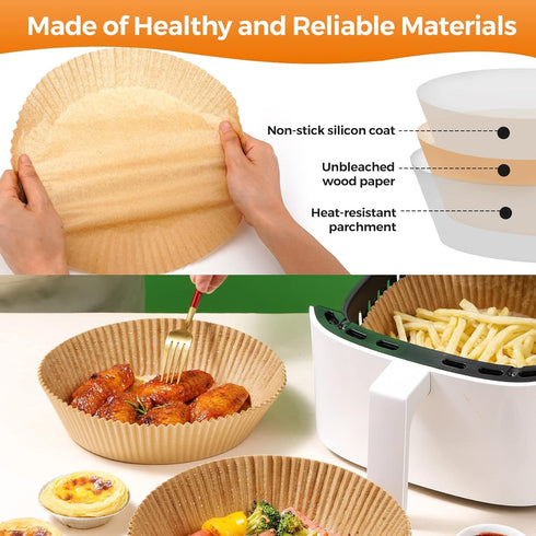 Air Fryer Paper Liners Disposable: 100PCS Round Airfryer Oven Insert Parchment Sheets Grease and Water Proof Non Stick Basket Liners for Baking Co...