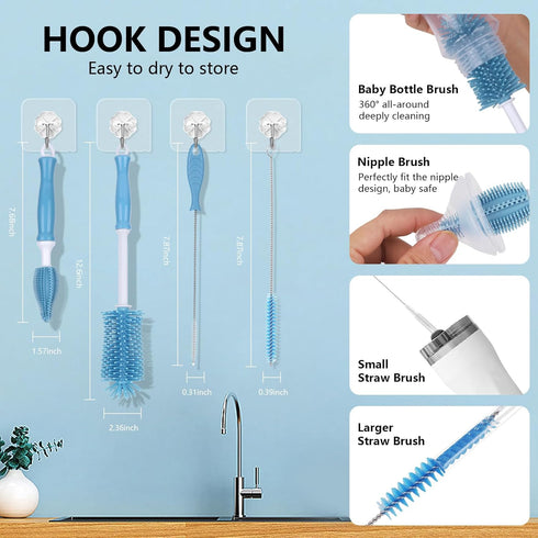 Portable Bottle Brush Set - Baby Bottle Cleaner Kit with Silicone Brush, Nipple Brush, Straw Brush, Bottle Cleaning Tool for Home and Travel...