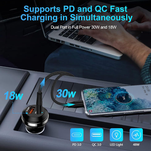 Type C Android Charger Super Fast Charging Block for Samsung Galaxy A15 A14 5G A54 S24 S23 Ultra S22 S21 S20 S10 A03S,48W Dual Port Car Adapter Qu...