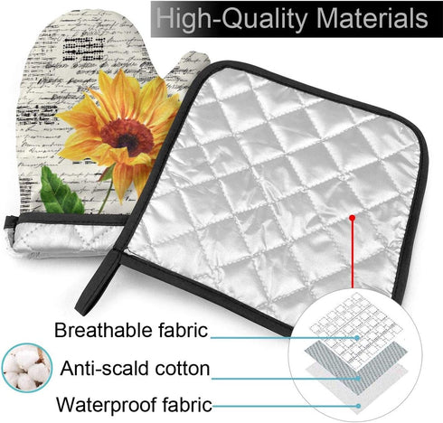 Watercolor Sunflowers Oven Mitts and Pot Holders Sets Heat Resistant Oven Gloves with Non-Slip Surface for Safe BBQ Cooking Baking Grilling Set of...