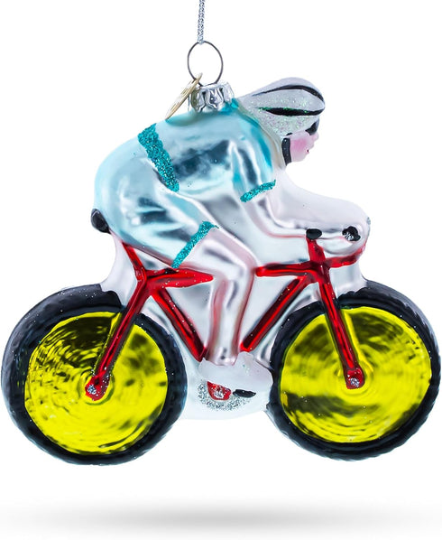 Cycling Sportsman on Bicycle Blown Glass Christmas Ornament...