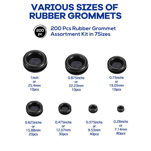 200Pcs 7 Sizes Rubber Grommet Assortment Kit, Firewall Hole Plug Set Electrical Wire Gasket Solid Hole Plugs Assortment Set for for Wire Plug, Cab...