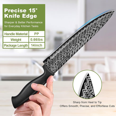 3 Pcs Kitchen Knife Set with Cover, Black Knives Set for Kitchen Stainless Steel, Damascus Pattern Chef Knife set with Sheath, Sharp Cutting Knive...
