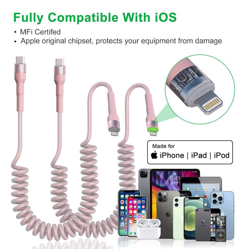 Coiled USB C to Lightning Cable 3Ft, Short USB C iPhone Cord Coiled iPhone Charger for Car Apple CarPlay, Pink with Data Sync & LED...