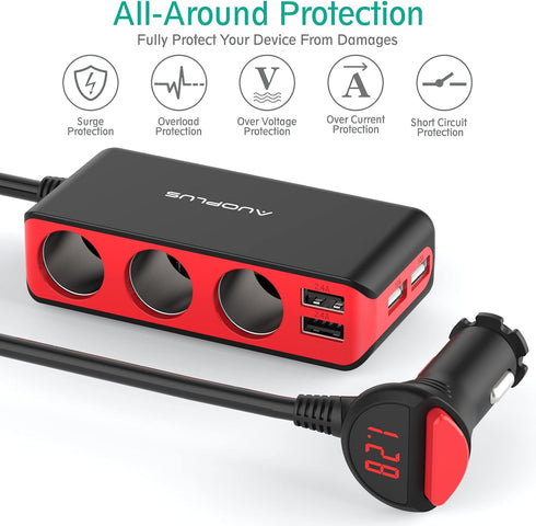 AUOPLUS 120W 3 Socket Cigarette Lighter Splitter Car Charger Adapter, LED Voltage Display Dual 4 USB Chargers(6.8A), Car Charger On/Off Switches 1...
