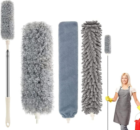 4 PCS Feather Dusters for Cleaning, Bendable Duster with Extension Pole, & Reusable Microfiber Dusters for Cleaning Ceiling Fan, Furniture & Blind...