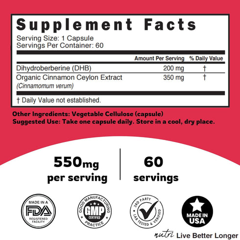Dihydroberberine Supplement 200mg 60 Capsules - With Ceylon Cinnamon - 5X More Effective Than Regular Berberine HCL - Super Berberine with Ceylon ...