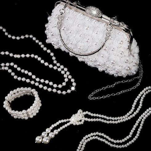 4 Pcs 1920s Pearl Jewelry Set, Include Beaded Pearl Clutch Bag with Chain, Dangle Faux Pearl Drop Earrings, Multi Strands Bracelet and Long Neckla...