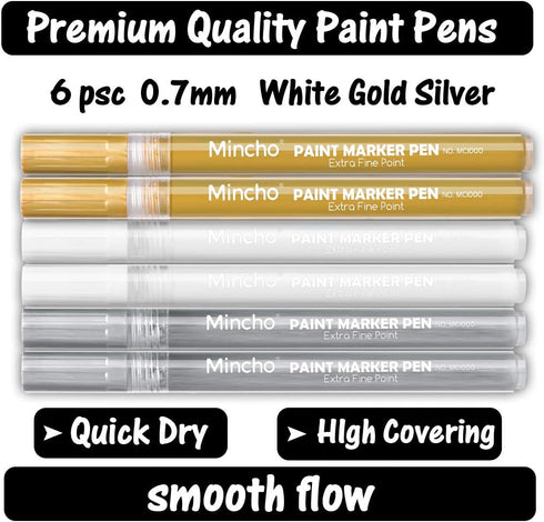 White Paint Pen, 0.7mm Acrylic 2 White, 2 Gold, 2 Silver Permanent Marker Pens for Wood Rock Plastic Leather Glass Stone Metal Canvas Ceramic Mark...