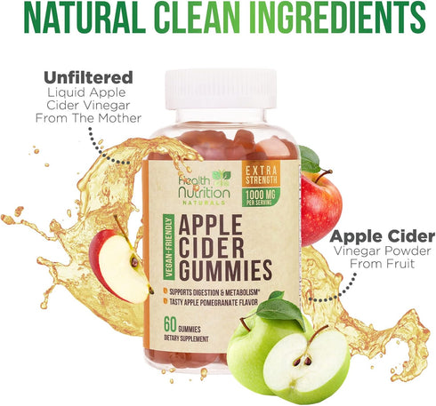 Vegan Apple Cider Vinegar Gummies | Max Strength 1000mg | ACV Supplement Gummy Vitamins for Adults, Supports Digestion, Metabolism, Natural Apple ...