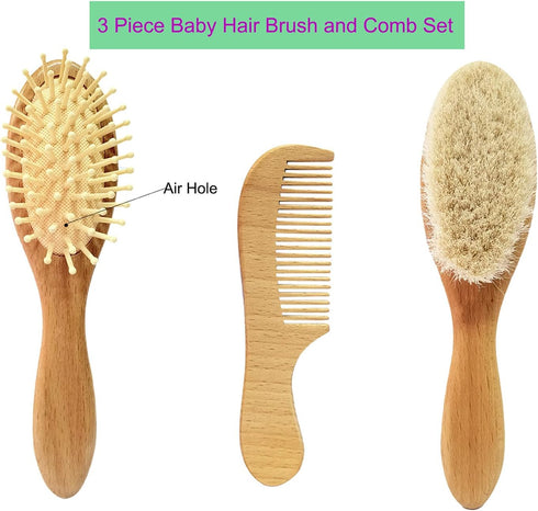 3 Piece Baby Hair Brush and Comb Set for Newborn & Toddlers- Natural Wooden Hairbrush with Soft Goat Bristles for Cradle Cap - Perfect Scalp Groom...