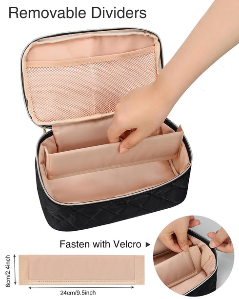 Relavel Travel Makeup Bag, Compact Cosmetic Bag for Women, Waterproof Makeup Brush Holder Organizer with Adjustable Dividers (Black)...