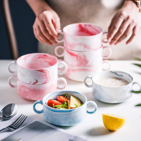 Yundu 9 Ounce Bowls with Handles,Ceramic Bowl for Soup, Souffle, Cereal, Stew, Chill, Ramekins, Set of 6, Grey Marble...