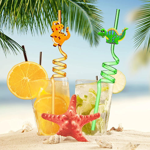 Reusable Drinking Straws Novelty Dinosaur Party Straw Curly Hard Plastic Straws Kids Birthday Party Decorations Supplies Family Reunion Favors - P...