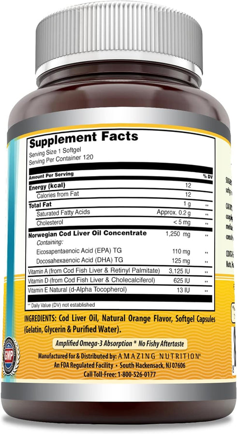Amazing Omega Norwegian Cod Liver Oil 1250 mg 120 Softgels Supplement (Fresh Orange Flavor)...