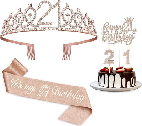 21st Birthday Decorations for Her, Including 21st Birthday Sash and Tiara, Cake Topper, Candles, 21 Year Old Gifts for Her...
