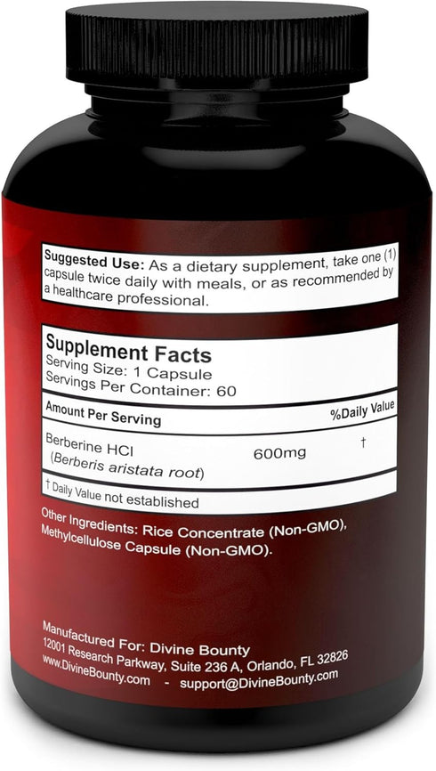 Divine Bounty Pure Berberine Complex - 600mg Per Capsule Berberine HCl Supplement - 60 Vegetarian Capsules...