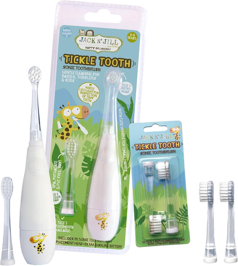 Jack N' Jill Tickle Tooth Sonic Electric Toothbrush with Replacement Head - Gentle Cleaning, Made for Tiny Teeth, LED Inspection Light, for Babies...