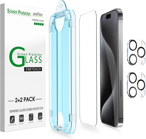amFilm OneTouch 2+2 Pack Compatible with iPhone 15 Pro Screen Protector 6.1" Tempered Glass with Camera Lens Protector Accessories, Premium Easies...