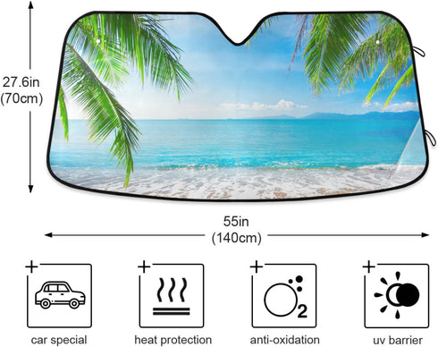 Tropical Palm Tree Beach Car Windshield Sun Shade Blocks UV Rays Sun Visor Protector Foldable Sun Reflector to Keep Your Vehicle Cool...
