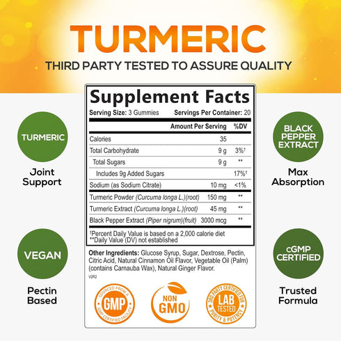 Turmeric Curcumin with Cinnamon & Ginger Gummies 95% Curcuminoids Black Pepper for Max Absorption Joint Support, Nature's Tumeric Herbal Extract S...