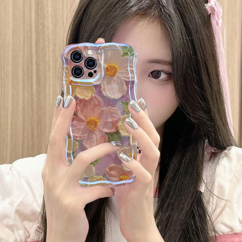Jusy Oil Painting Flower Compatible with iPhone 11 Pro Max Case, Colorful Retro Floral Cute Curly Wave Frame Women Girls Cover for Apple 11 Pro Ma...