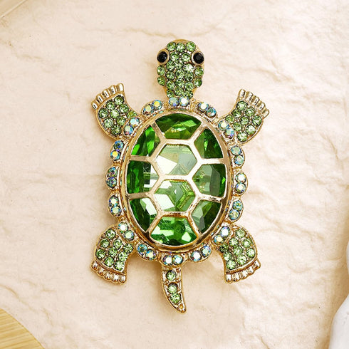 Cute Turtle Brooch Pin Crystal Rhinestones Green Marine Animals Lovely Lapel Pin Dress Accessories Boutonniere Corsage for Hat Bag Gold Tone Great...