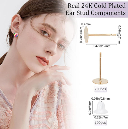 Beebeecraft 200Pcs Earring Posts 24K Gold Plated Stainless Steel Flat Pad Blank Earring Studs with 200Pcs Plastic Ear Nuts for DIY Stud Earrings J...