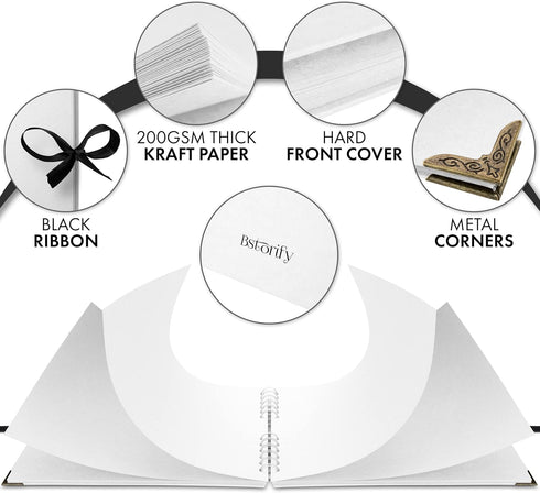 Bstorify Square Scrapbook Photo Albums 50 Pages (28 x 22 cm) White Thick Paper, Hardcover, Metal Corners, Ribbon Closure - Ideal for Your Scrapboo...