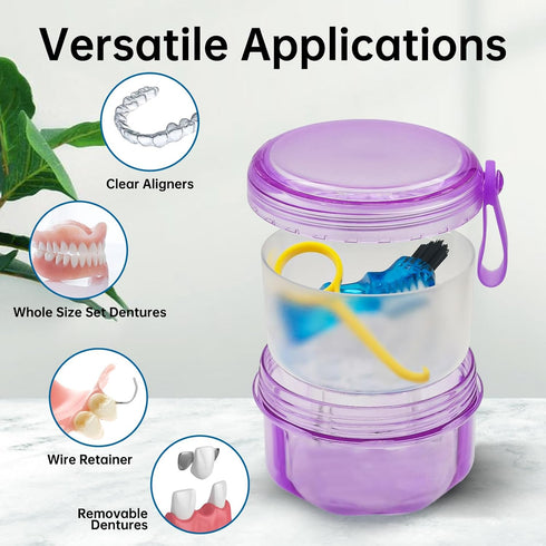 Leakproof Denture Case Purple Denture Soaking Cup False Teeth Container, Dental Denture Bath Holder Storage Box Retainer Cleaner Case for Travelin...