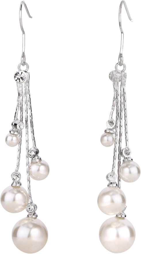EleQueen Women's Silver-tone Crystal Simulated Pearl 4 Chain Bridal Long Dangle Hook Earrings Ivory Color...