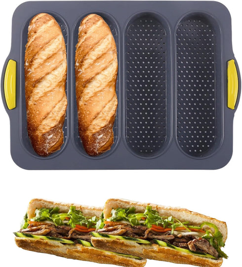 4-cavity Silicone Bread Loaf Pan, Nonstick Sourdough Loaf Pan & Heat Resistant Baguette Bread Pan, Bread Pans for Homemade Bread, Silicone Molds f...