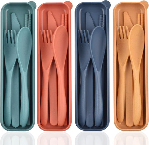 Reusable Utensils Set with Case, 4 Sets Wheat Straw Travel Cutlery Set, Portable Spoon Knife Fork Chopsticks Lunch Box Utensil Set for Kids Adults...