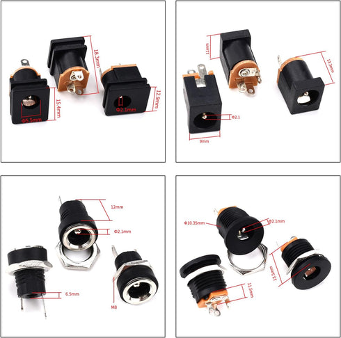 DC Power Jack Connector Assorted Kit, 5.5 x 2.1mm DC Power Supply Jack Socket Male Female Panel Mount Connector 2Pin 3Pin with Hex Nut, DC005 DC01...