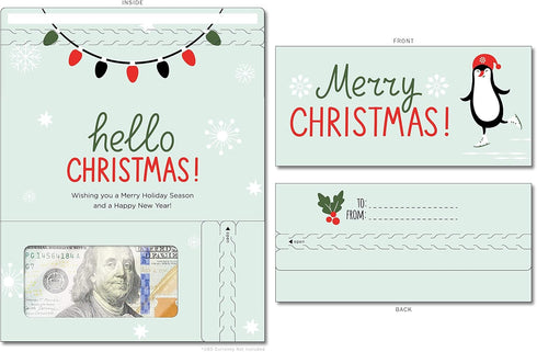 Holiday Card | Zip-Open Money Holder w/Clear Plastic Window for Cash, Check, & Gift Card (Penguin - Hello Christmas)...