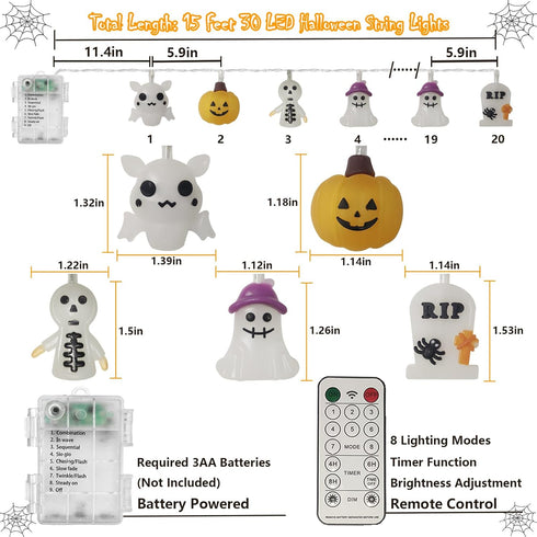 Halloween Lights Outdoor, 15FT Battery Operated Halloween Lights 30 LED 3D Ghost Tombstone Bat Pumpkin String Lights with Timer, 8 Lighting Modes ...