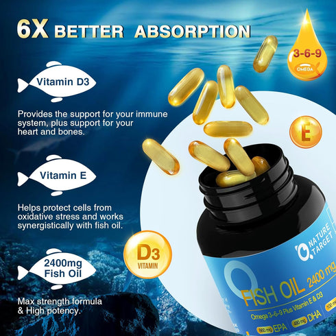 Triple Omega 3 6 9, Fish Oil 2400mg Softgels with Vitamin D3 & E - EPA & DHA & ALA - Supports Heart, Brain, Joint & Immune Health, Sustainably Sou...